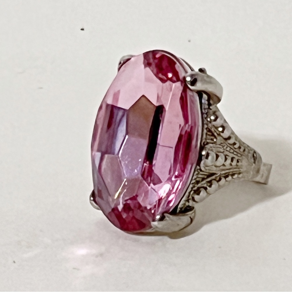Pink Imitation Topaz statement ring Rectangular Cut adjustable to size 7